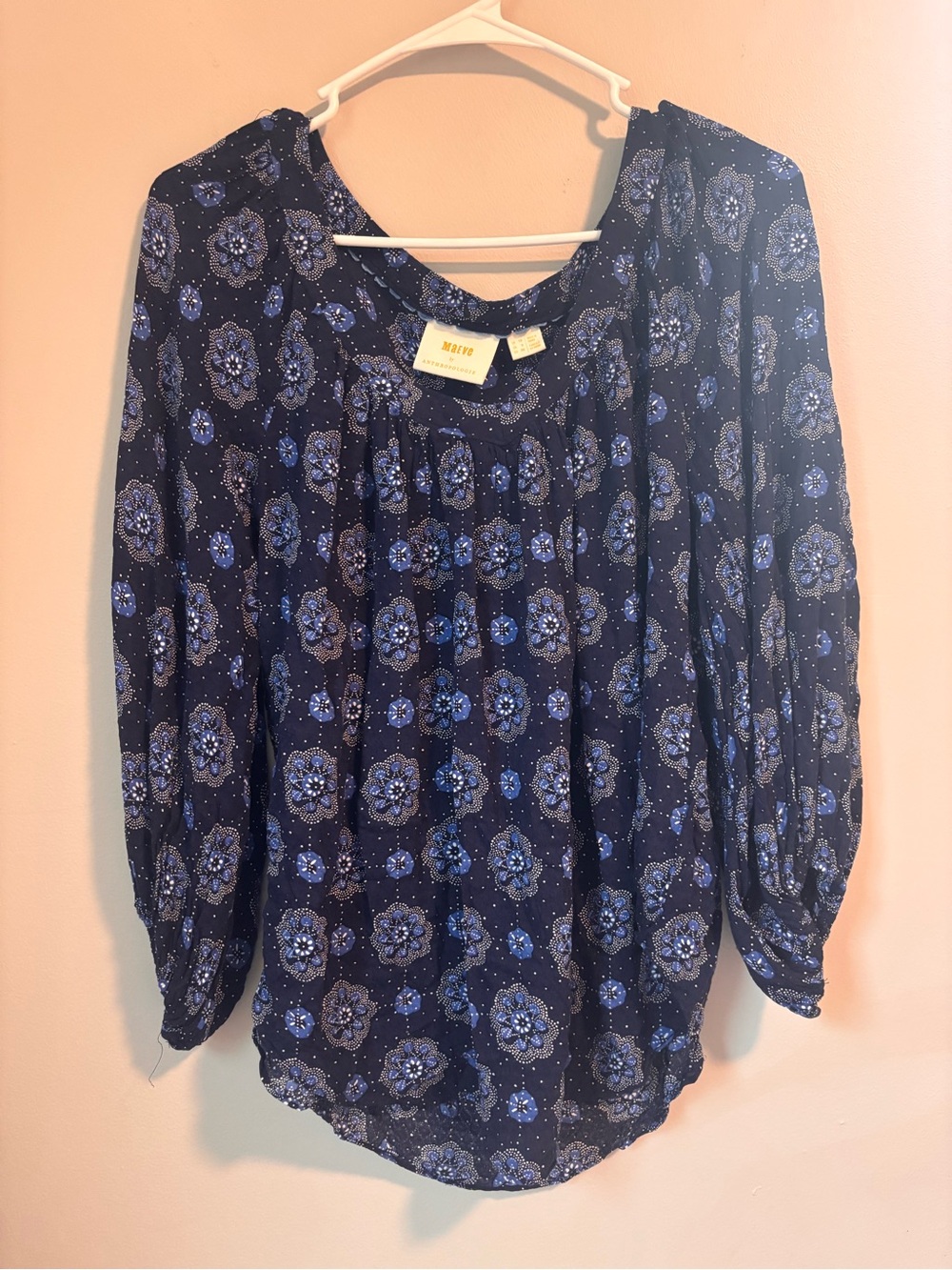 Maeve by Anthropologie Navy Floral Long-Sleeve Peasant Top